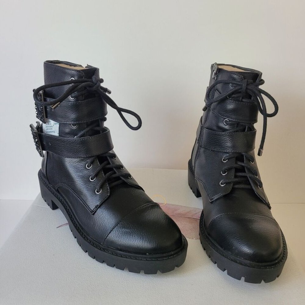 Jessica Simpson Black Leather Combat Boots with Buckle Straps